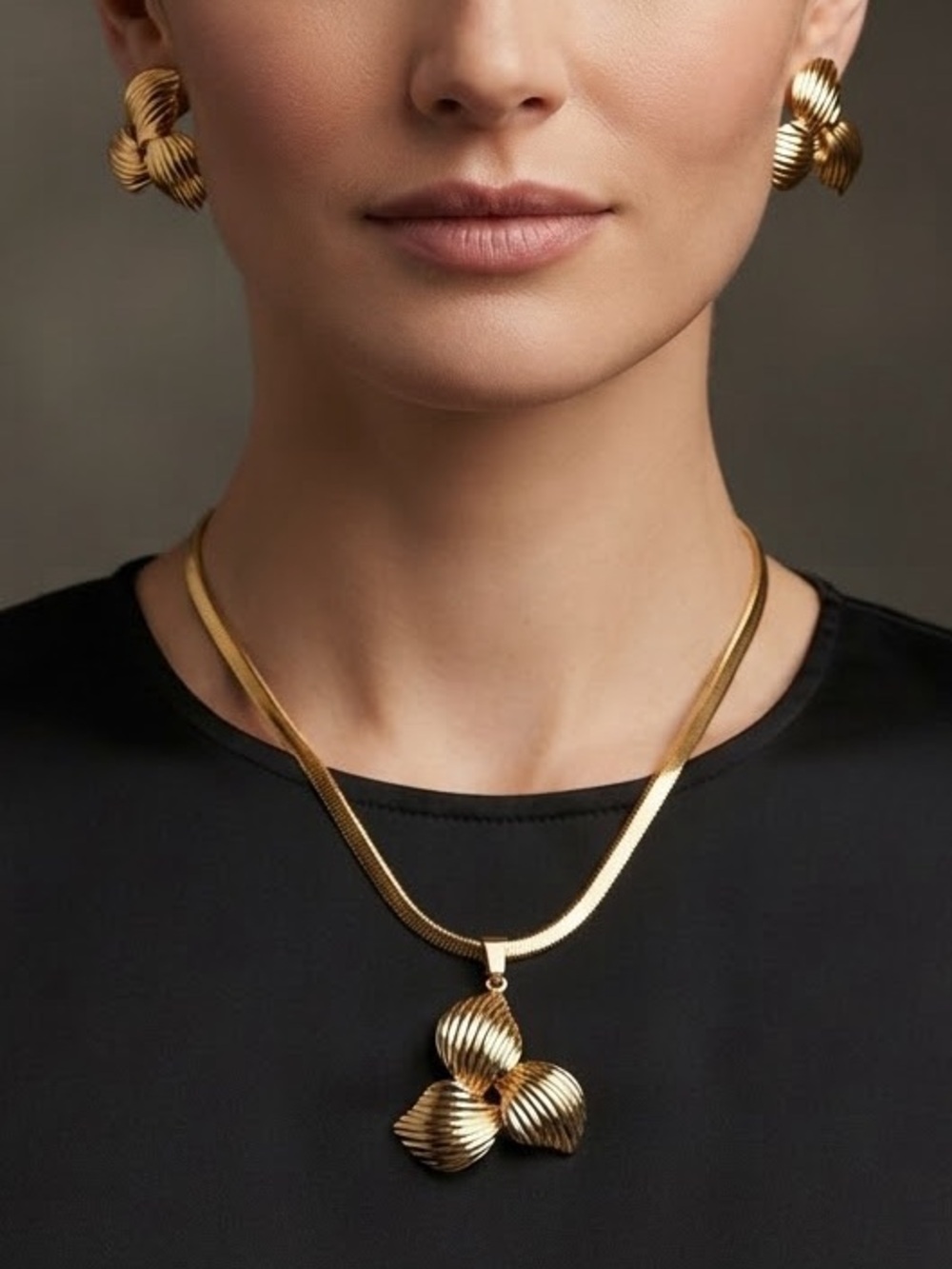 Gold-Tone Floral Drop Pendant Necklace and Earrings Set-Stainless Steel